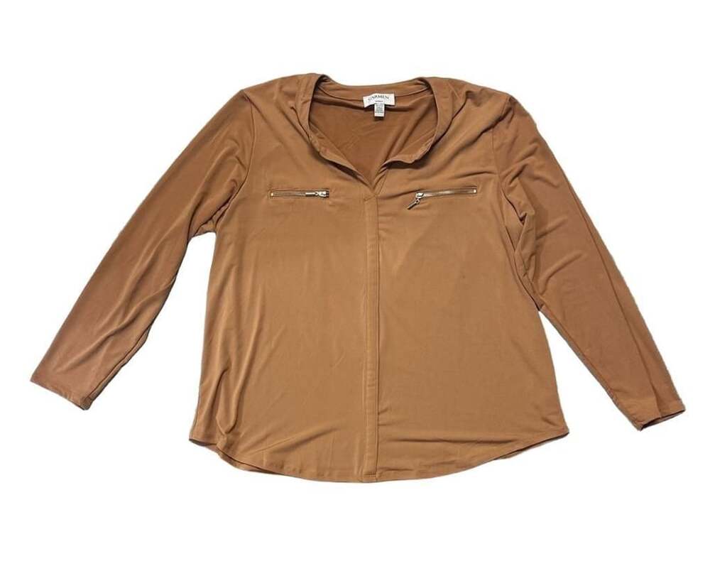 Carmen Long Sleeve Blouse Brown with Silver Hardware Zipper Pockets